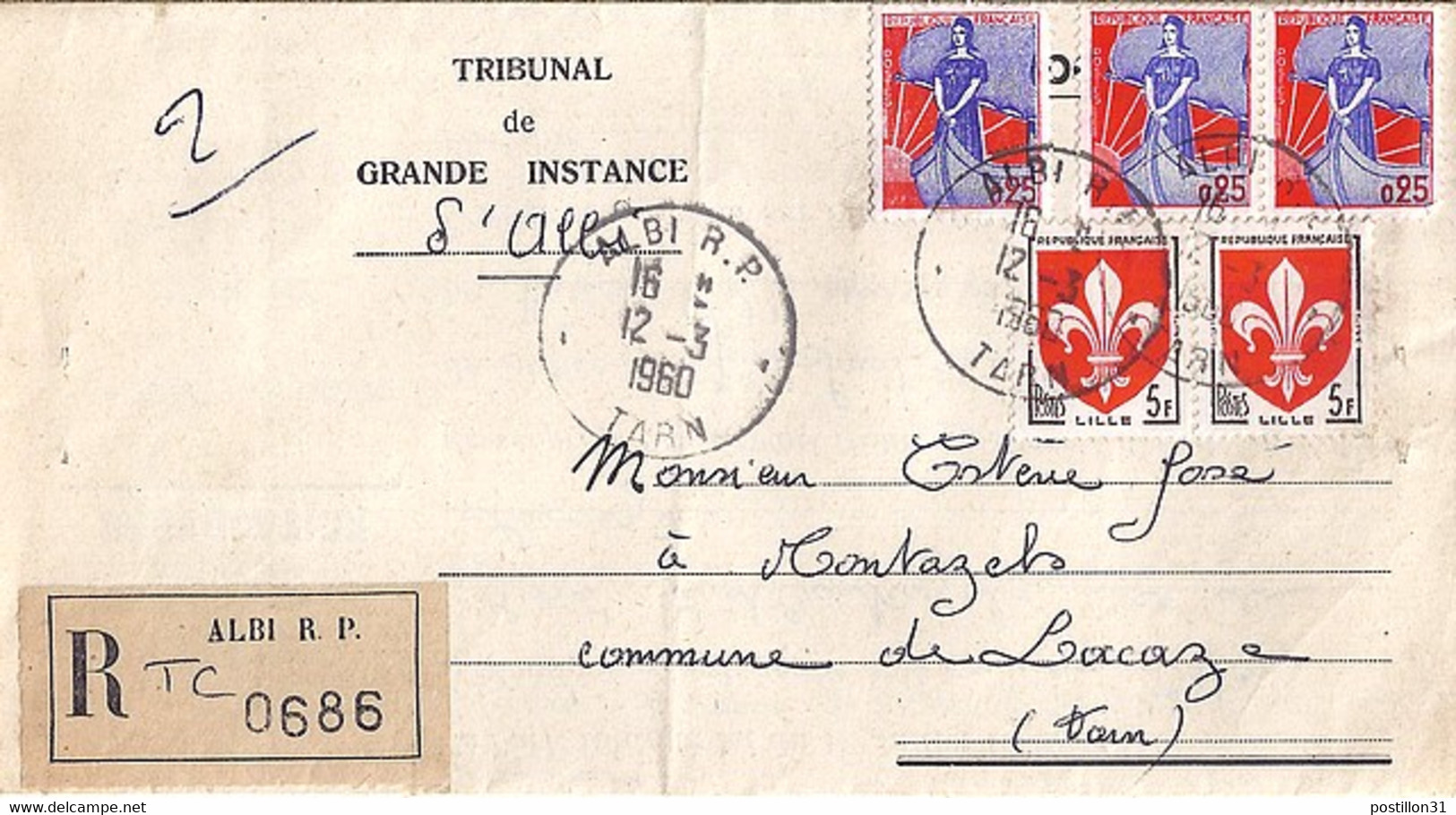 TYPE MARIANNE A LA NEF N° 1234x3 + COMPL. SUR LETTRE RECOMMANDEE DE ALBI / 1960 - 1959-1960 Marianna Alla Nef