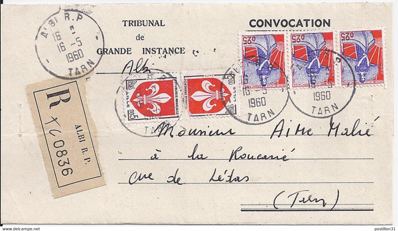 TYPE MARIANNE A LA NEF N° 1234x3 + DIVERS SUR LETTRE RECOMMANDEE DE ALBI / 1960 - 1959-1960 Maríanne à La Nef