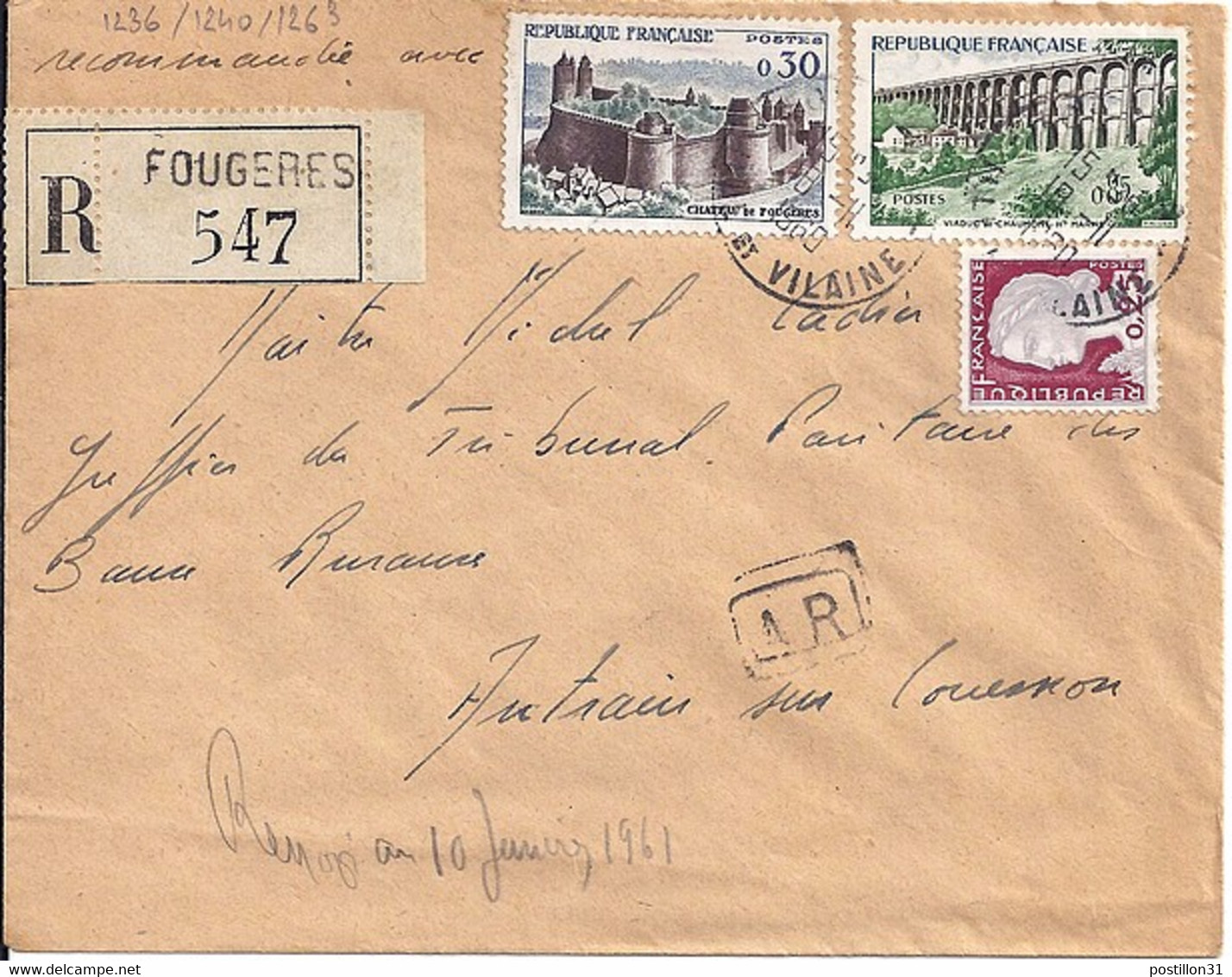 TYPE MARIANNE DE DECARIS N° 1263 + COMPL. SUR LETTRE RECOMMANDEE DE FOUGERES / 8.11.1960 - 1960 Marianne Van Decaris