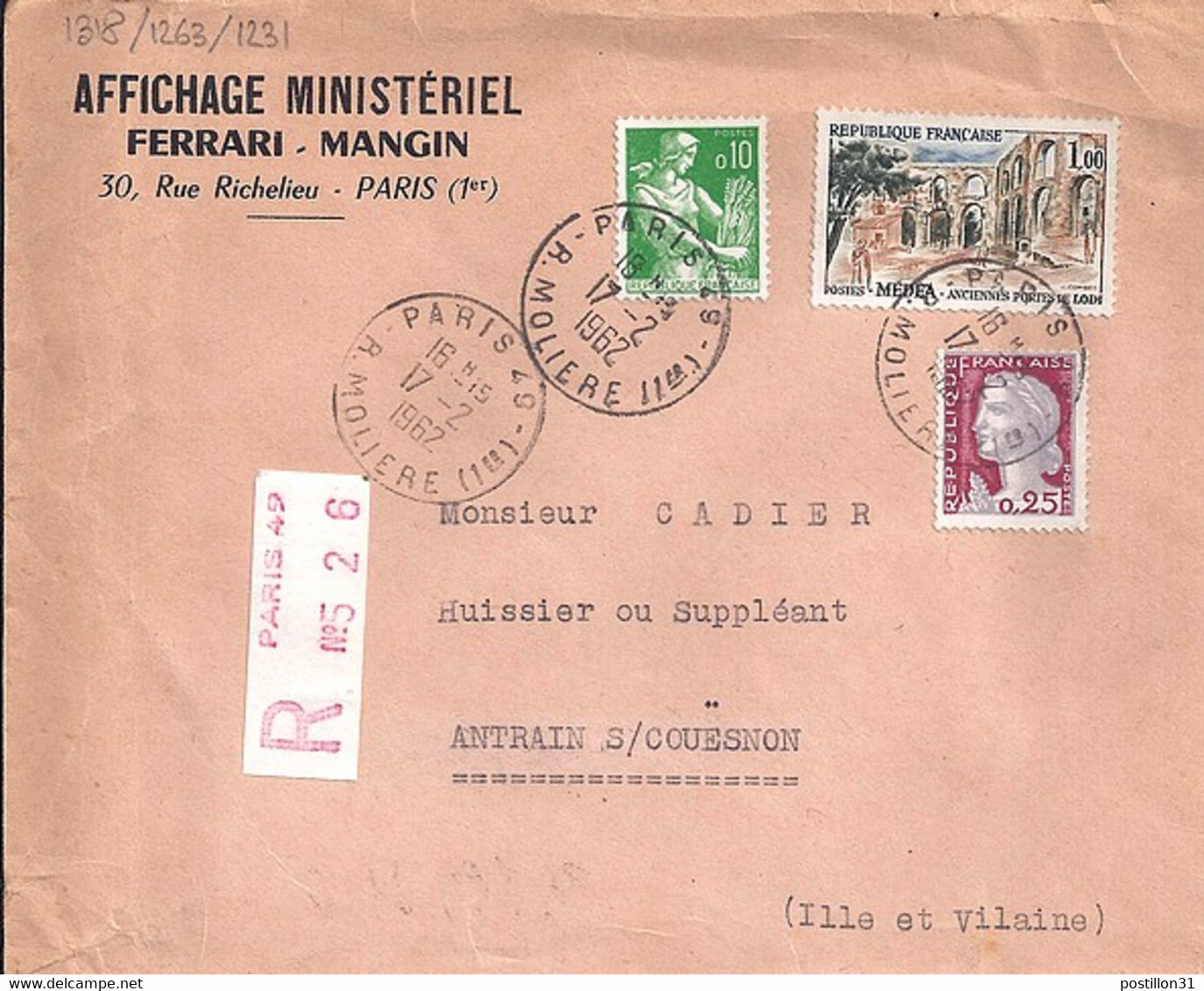 TYPE MARIANNE DE DECARIS N° 1263 + COMPL. SUR LETTRE RECOMMANDEE DE PARIS / 17.2.1962 + EN TETE - 1960 Marianne De Decaris