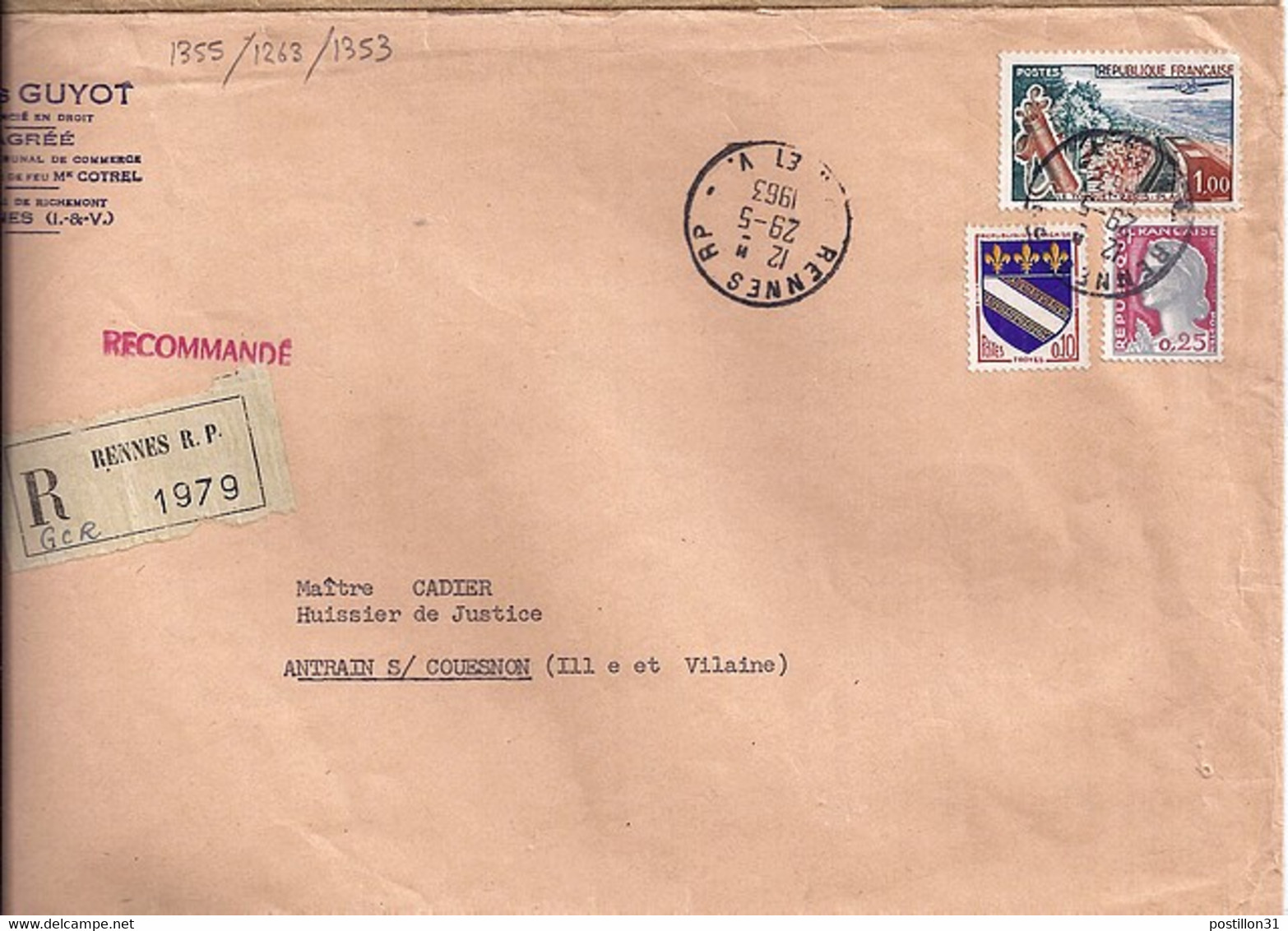 TYPE MARIANNE DE DECARIS N° 1263 + COMPL. SUR LETTRE RECOMMANDEE DE RENNES / 29.5.1963 - 1960 Maríanne De Decaris