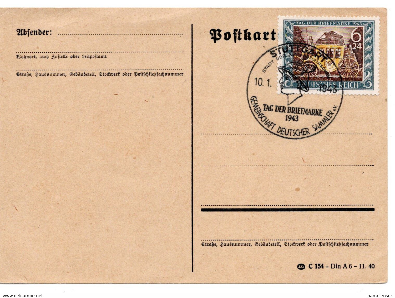 55825 - Deutsches Reich - 1943 - 6Pfg Tag Der Briefmarke EF A Blanko-Kte STUTTGART - TAG DER BRIEFMARKE - Giornata Del Francobollo