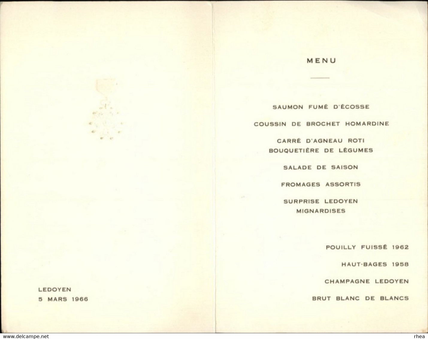 MENUS - Restaurant LEDOYEN Paris, Mars 1966 Pour La Réception Légion D'honneur - Menus