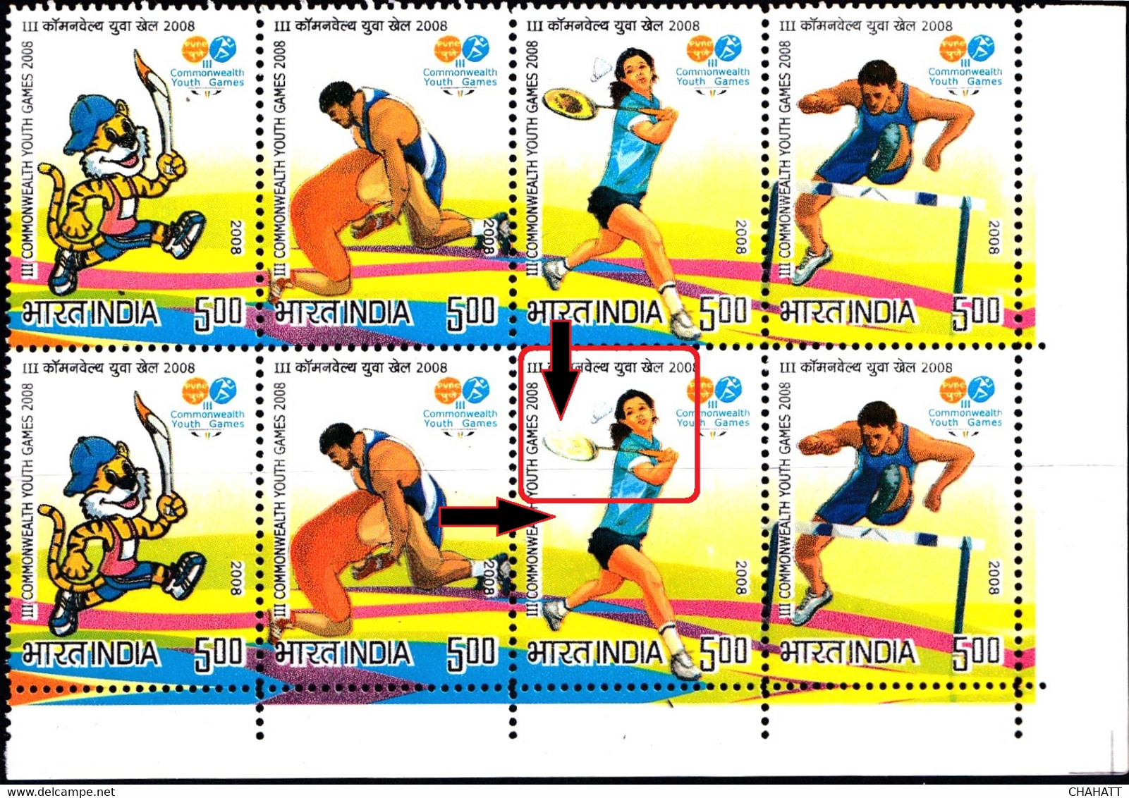 WRESTLING- BADMINTON-ATHLETICS-COMMONWEALTH GAMES-2008-SETENANT BLOCK OF 8- INDIA-MNH-PA12-49 - Bádminton