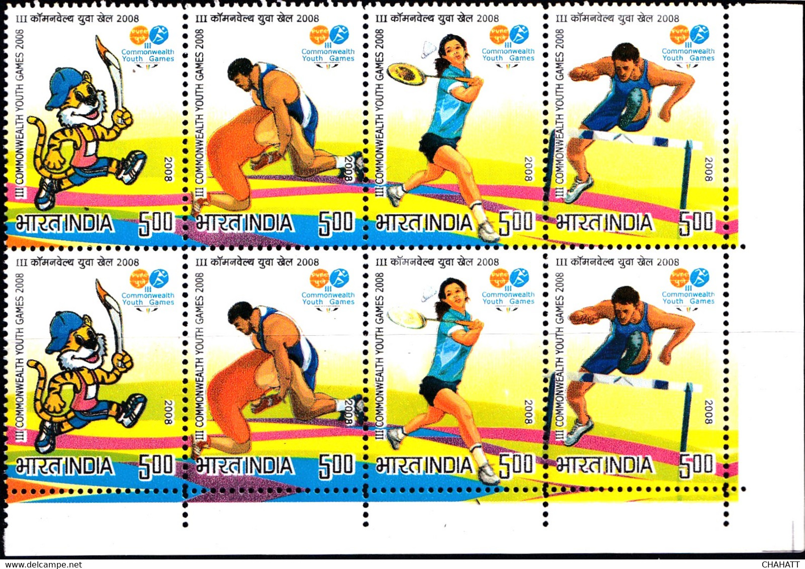 WRESTLING- BADMINTON-ATHLETICS-COMMONWEALTH GAMES-2008-SETENANT BLOCK OF 8- INDIA-MNH-PA12-49 - Badminton