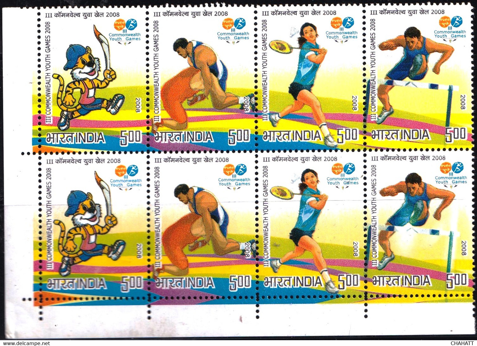 WRESTLING- BADMINTON-ATHLETICS-COMMONWEALTH GAMES-2008-SETENANT BLOCK OF 8- INDIA-MNH-PA12-49 - Bádminton