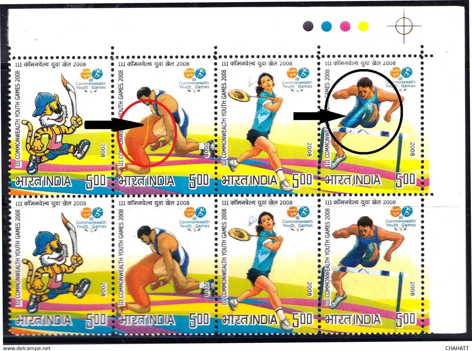 WRESTLING- BADMINTON-ATHLETICS-COMMONWEALTH GAMES-2008-SETENANT BLOCK OF 8- INDIA-MNH-PA12-49 - Bádminton