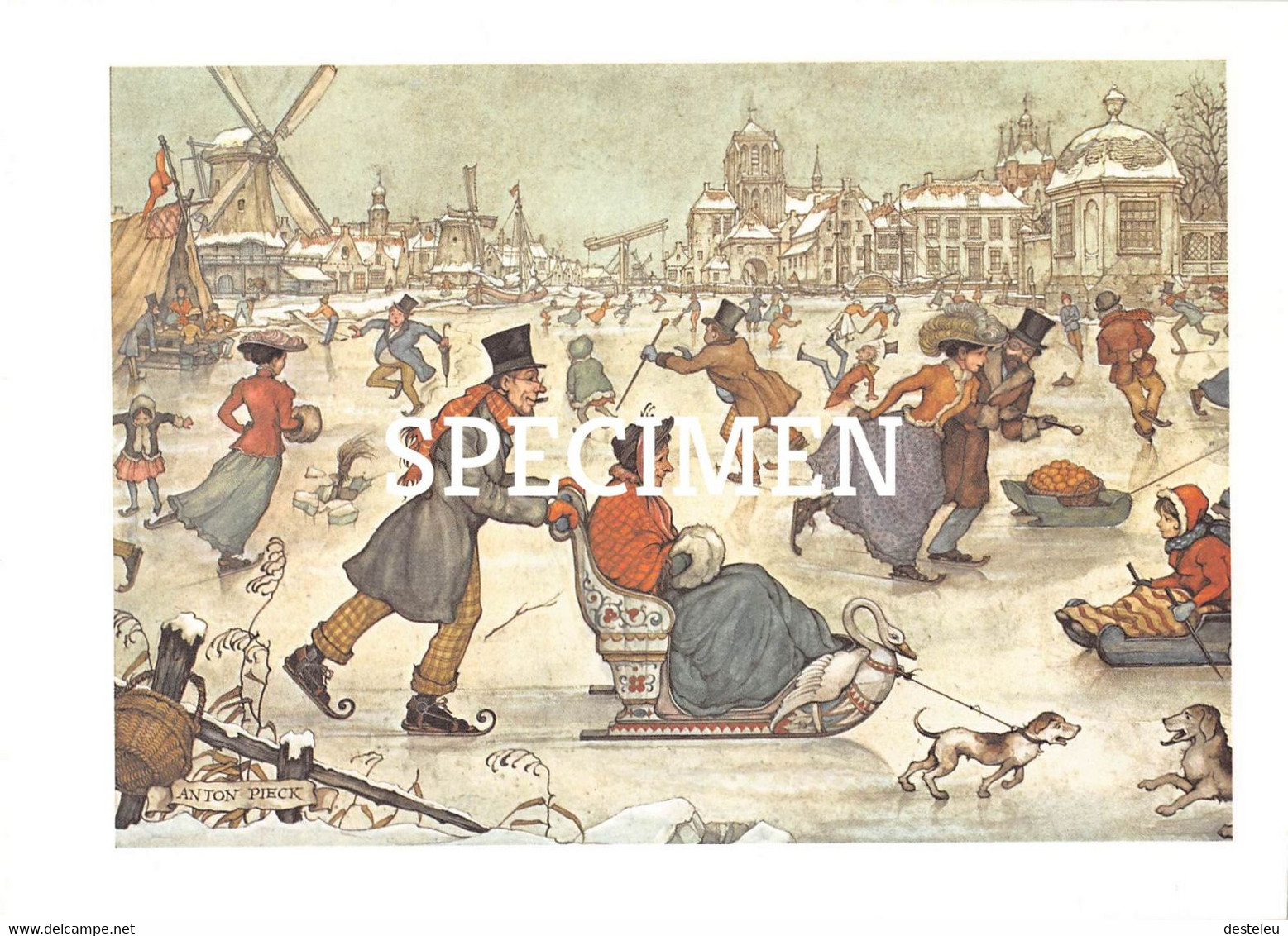 Tekening Anton Pieck  Schaatsers - 25 X 18 Cm - Dessins