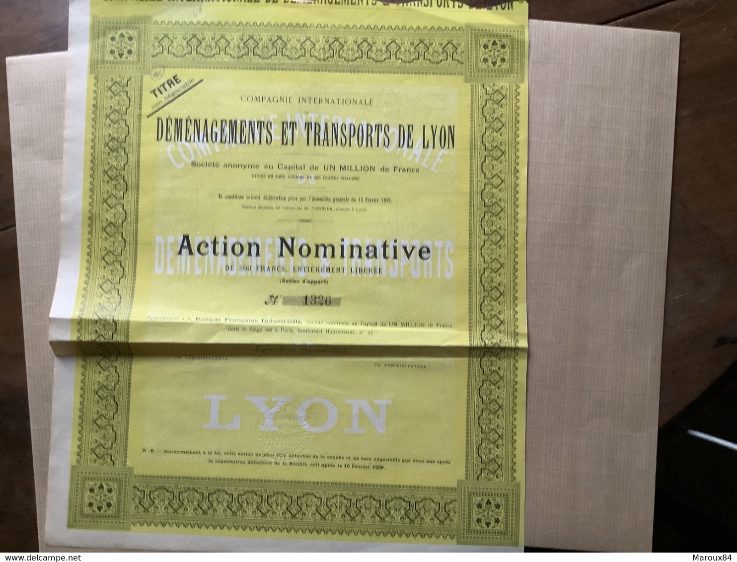 Déménagements Et Transports De Lyon Action Nominative De 500 Francs - Transports