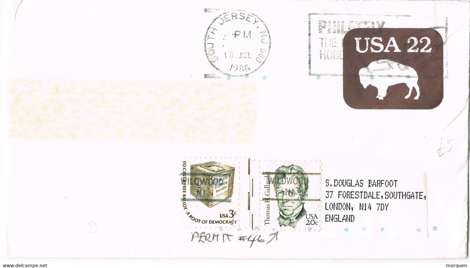 48055. Carta Entero Postal SOUTH JERSEY (NJ) 1986. Precancel Stamps WILWOOD - 1981-00