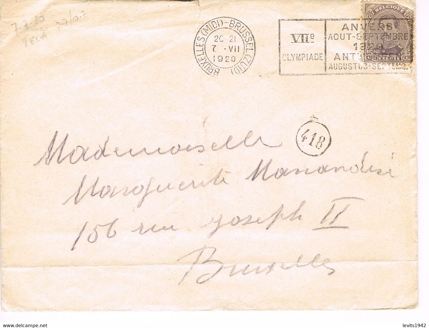 JEUX OLYMPIQUES 1920 - MARQUE POSTALE - BRUXELLES  - 07-07- SUR LETTRE - - Sommer 1920: Antwerpen