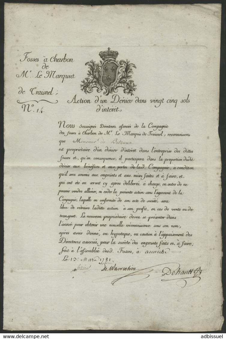 ACTION Du XVIII° Siècle En 1781 Fosses à Charbon De Mr Le Marquis De Traisnel. Action D'un Denier Portant Le N° 14. RARE - Mines