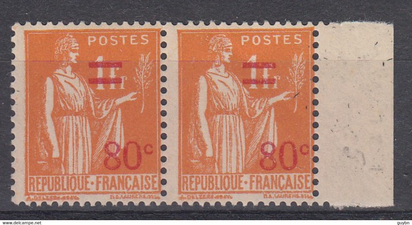 France Paire YT 359 A ** Type 1 Paix 80 C Sur 1 Fr Orange .. Neuf Sans Charniére - Usados