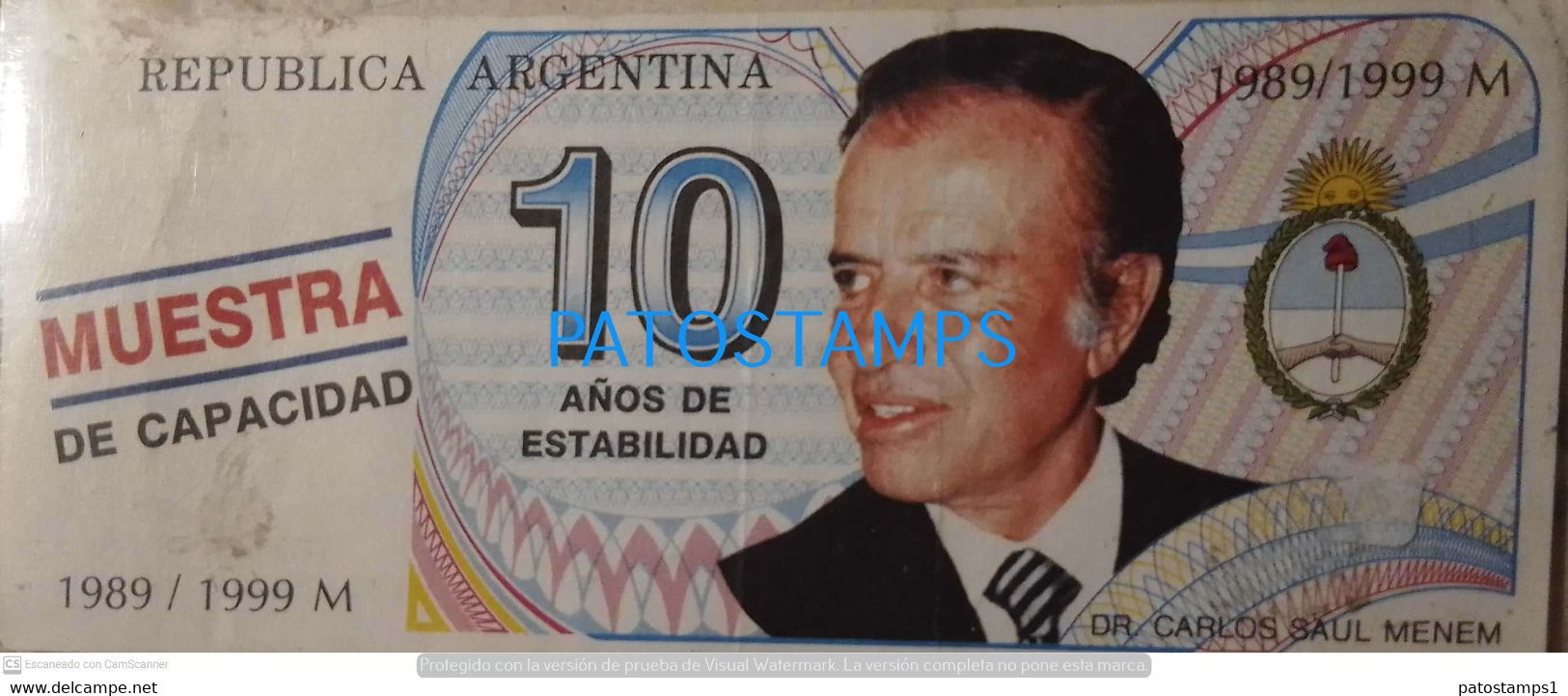 197798 ARGENTINA BILLETE FANTASY TICKET 10 POLITICA PRESIDENTE DR CARLOS MENEN 1989/ 1999  NO POSTCARD - Kilowaar - Bankbiljetten