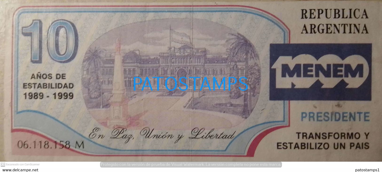 197798 ARGENTINA BILLETE FANTASY TICKET 10 POLITICA PRESIDENTE DR CARLOS MENEN 1989/ 1999  NO POSTCARD - Lots & Kiloware - Banknotes