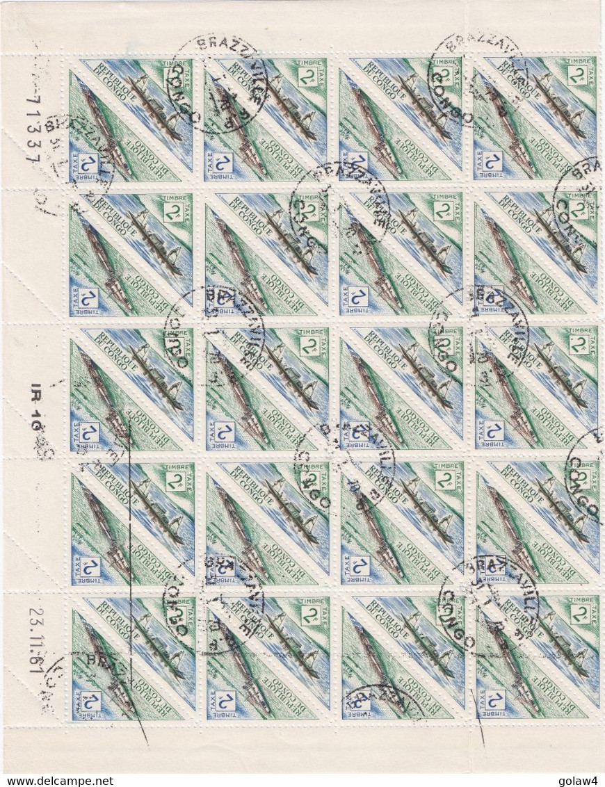 30920# CONGO TIMBRES TAXE BATEAU NAVIRE OBLITERES BAS DE FEUILLE DE 40 TIMBRES COIN DATE 23.11. 1961 - Oblitérés