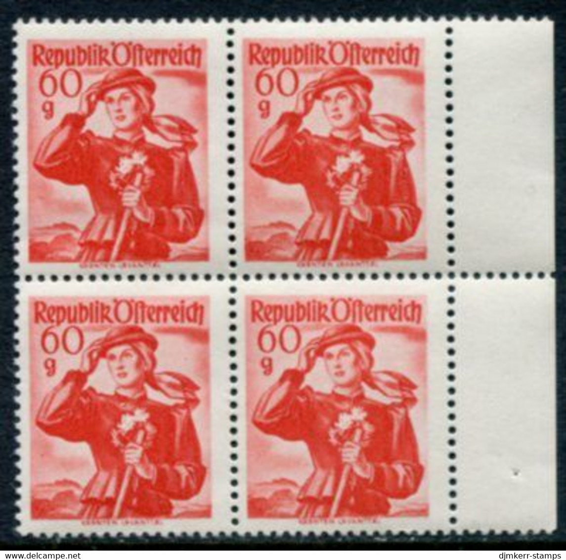 AUSTRIA 1948 Costumes Definitive 60 G .block Of 4 White Gum MNH / **.  Michel 905 - Unused Stamps