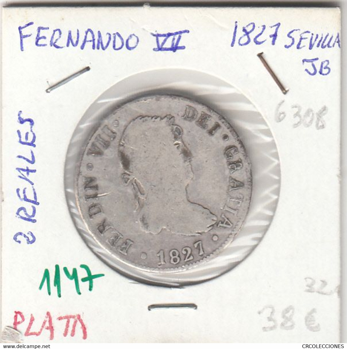 CRE1147 MONEDA ESPAÑA FERNANDO VII 2 REALES 1827 SEVILLA JB PLATA MC - Provincial Currencies