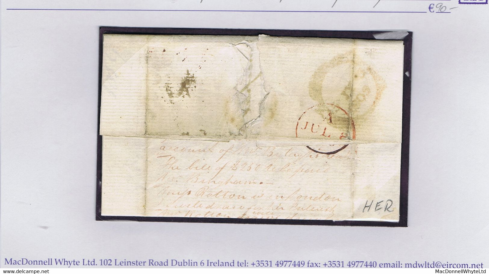 Ireland Dublin 1809 Letter 101 Gt Britain St To London With Clear 57mm IRELAND In Red On Face, Bs Dublin "Mermaid" 5 JY - Prephilately