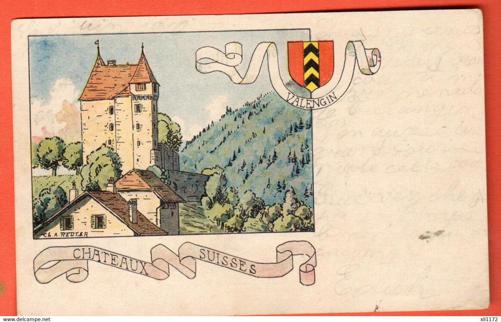 OAC-17 Châteaux Suisses Valangin  Litho Reuler  Dos Simple, Cachert Le Locle 1910, Timbre Manque - Le Locle