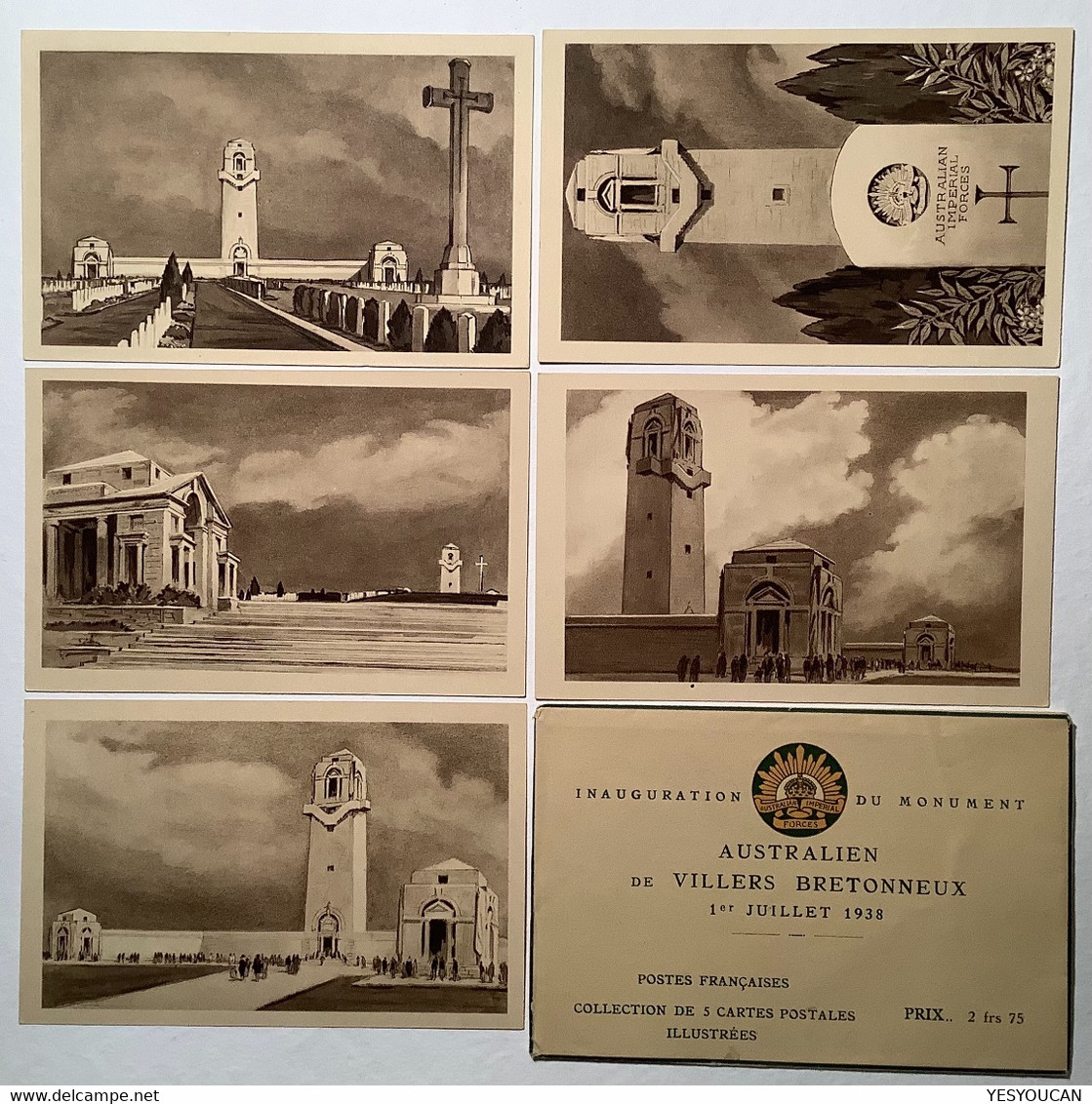 France 1938 5x Entier Postal Mémorial Australien Villers-Bretonneux(Australian Forces Australia Australie WW1 1914-18war - Standard Postcards & Stamped On Demand (before 1995)