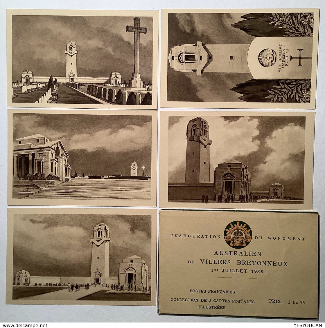 France 1938 5x Entier Postal Mémorial Australien Villers-Bretonneux(Australian Forces Australia Australie WW1 1914-18war - Postales Tipos Y (antes De 1995)