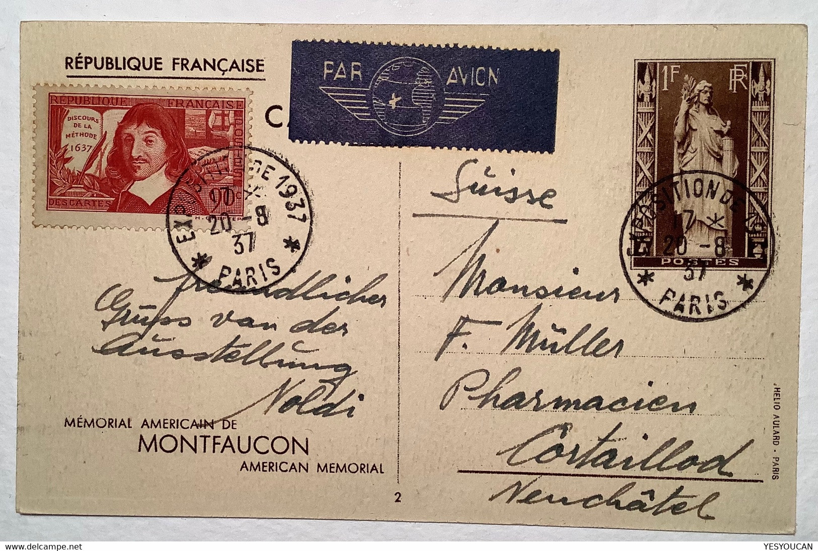 France1937entier Postal Mémorial Américain Montfaucon+Descartes341EXPOSITION PARIS>Cortaillod/NE CH (US Forces1914-18war - Cartes Postales Types Et TSC (avant 1995)