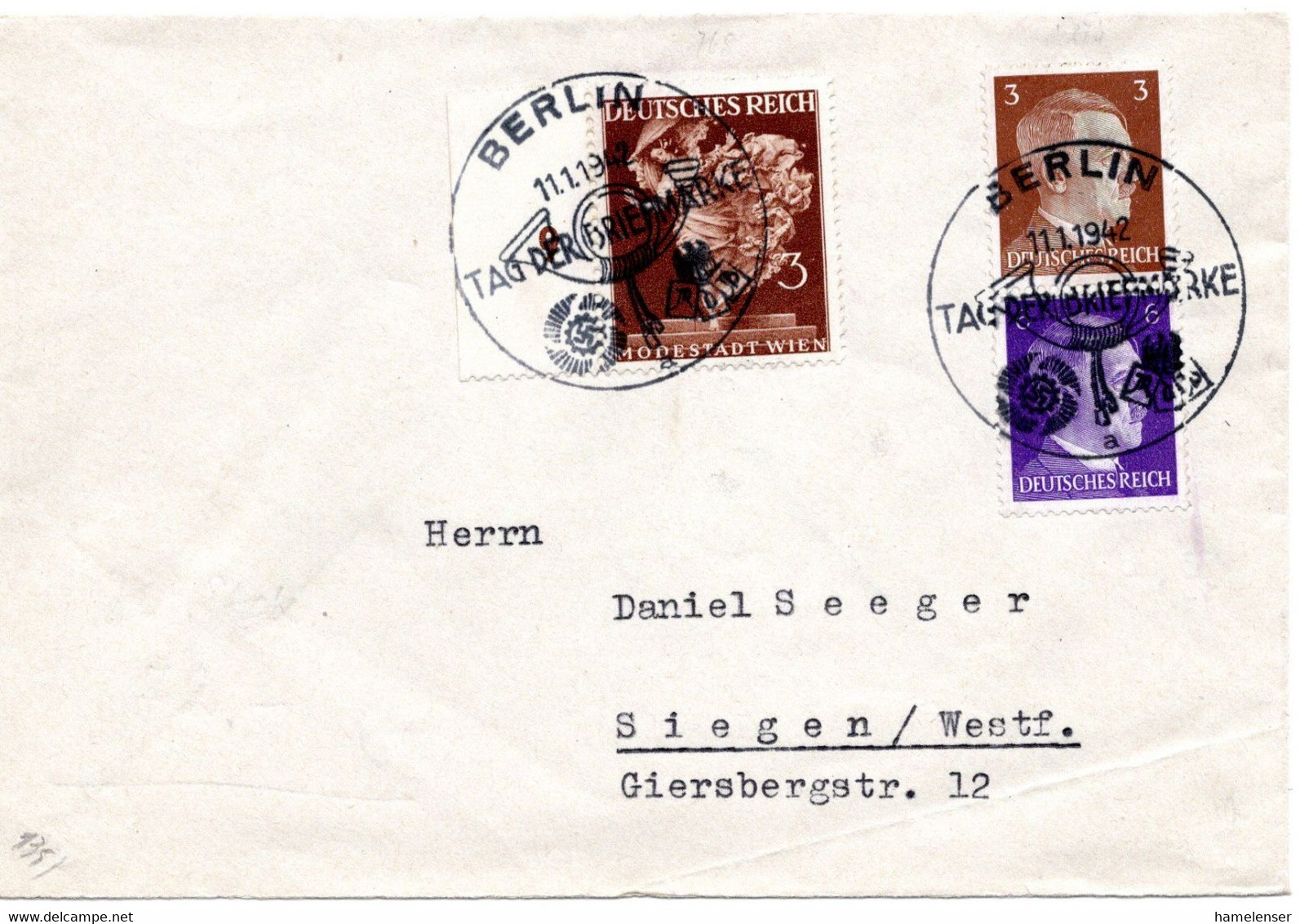 55828 - Deutsches Reich - 1942 - 3+6Pfg Hitler ZDr MiF A Bf SoStpl BERLIN - TAG DER BRIEFMARKE -> Siegen - Día Del Sello