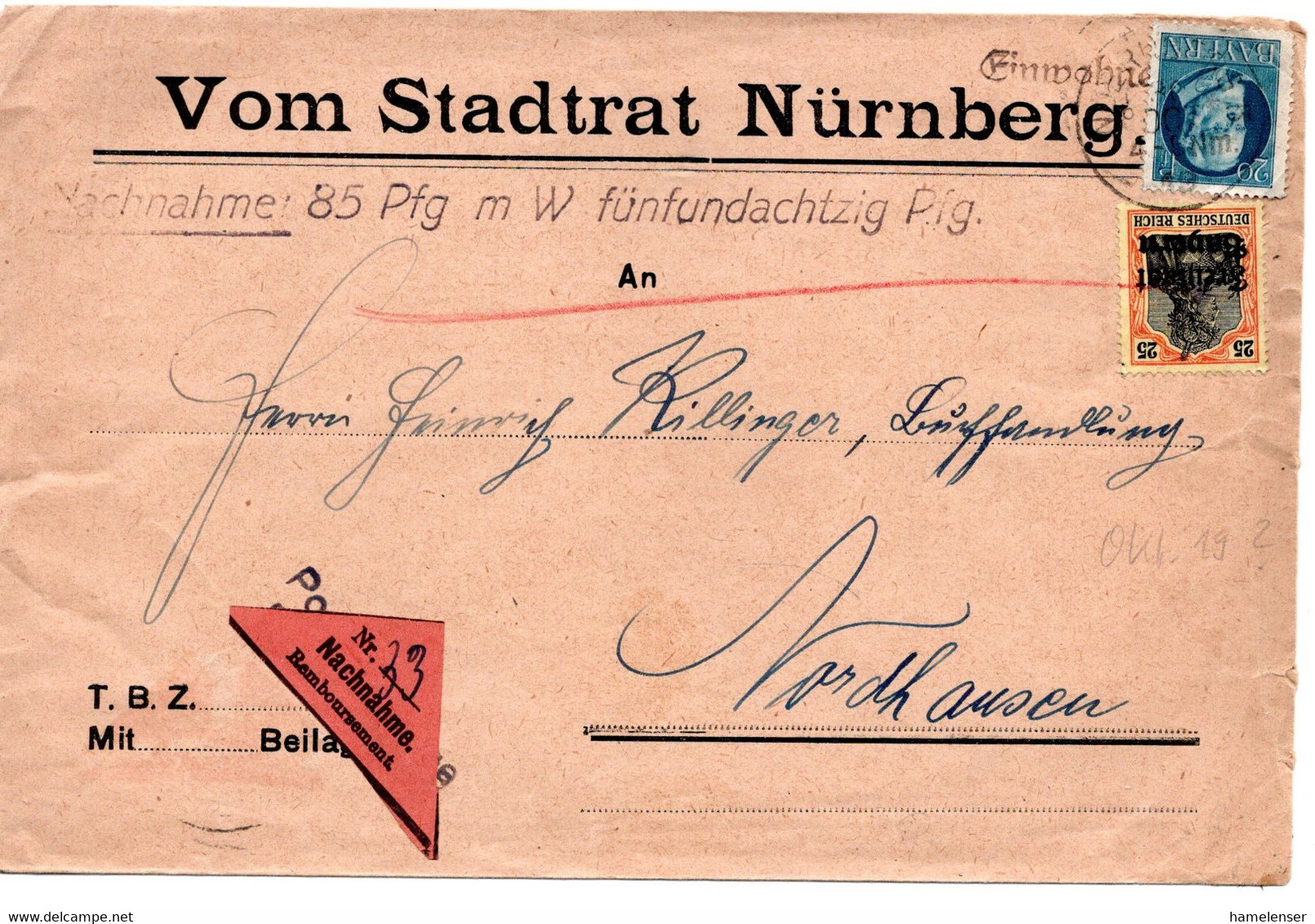 55839 - Altdeutschland / Bayern - 1919 - 25Pfg Germania "Freistaat" MiF A NN-Bf NUERNBERG -> Nordhausen - Covers & Documents