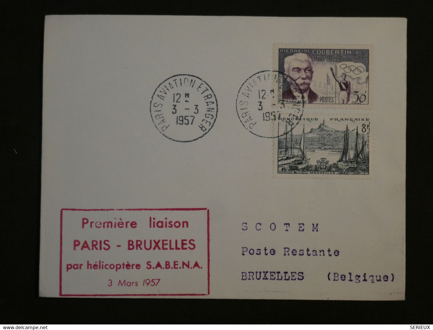 BJ8 FRANCE  BELLE  LETTRE 1957 1ER VOL PARIS BRUXELLES BELGIQUE +SCOTEM++AFFRANCH. INTERESSANT+ - 1927-1959 Covers & Documents