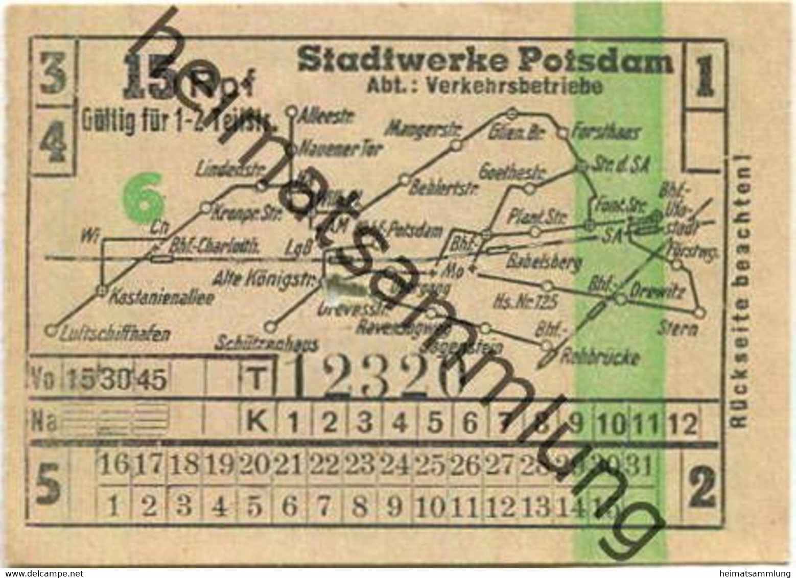 Deutschland - Potsdam - Stadtwerke Potsdam - Abt. Verkehrsbetriebe - Fahrschein 15Rpf. 1-2 Teilstrecken - Rückseitig Wer - Europa