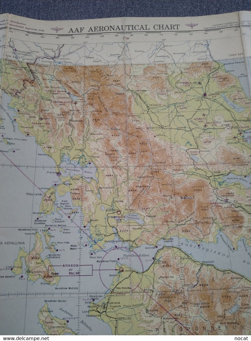 AAF AERONAUTICAL CHART  Péninsule Du Péloponèse 1/1 000 000 For Use By War And Navy Department Agency - Cartes Topographiques