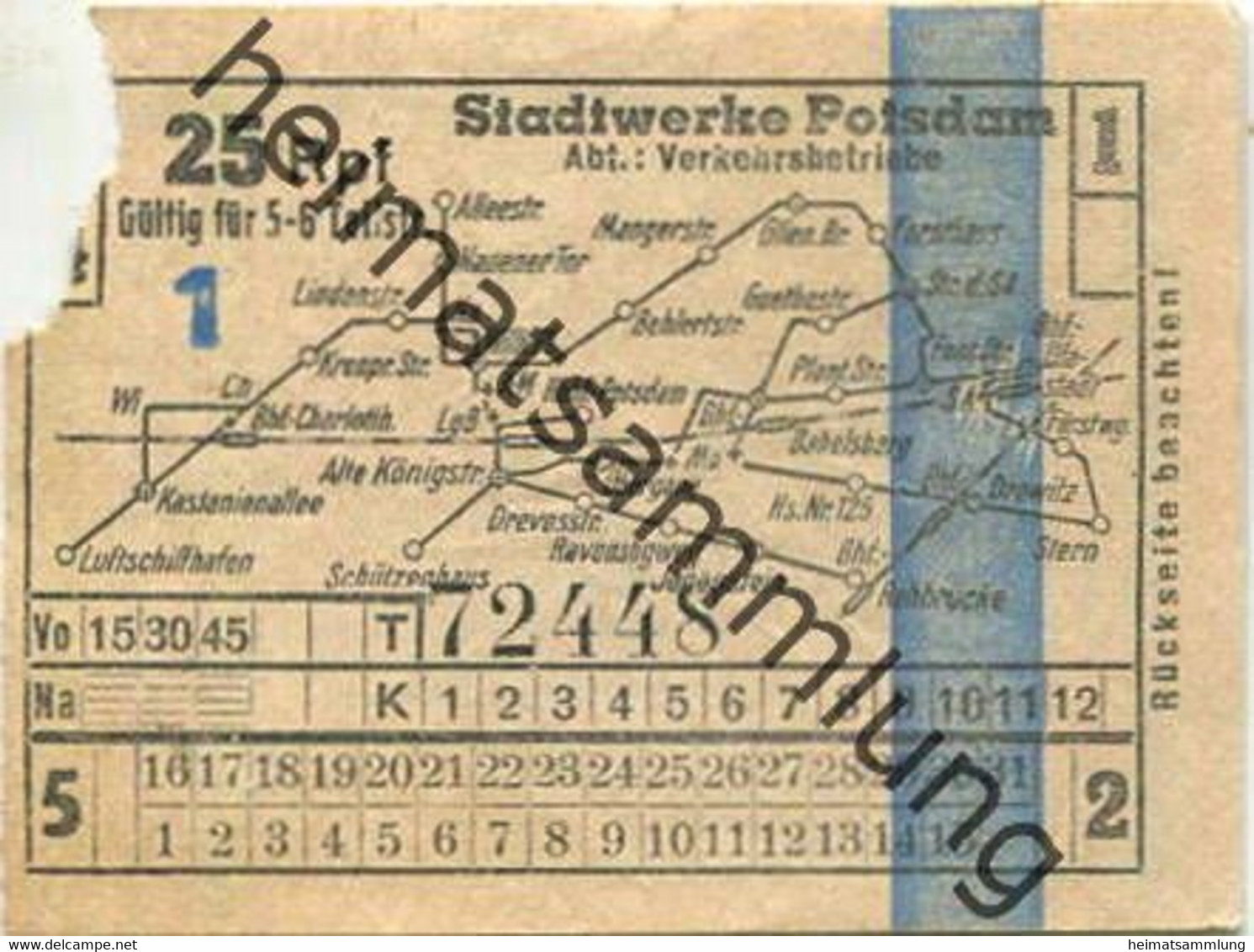 Deutschland - Potsdam - Stadtwerke Potsdam - Abt. Verkehrsbetriebe - Fahrschein 25Rpf. 5-6 Teilstrecken - Rückseitig Wer - Europa