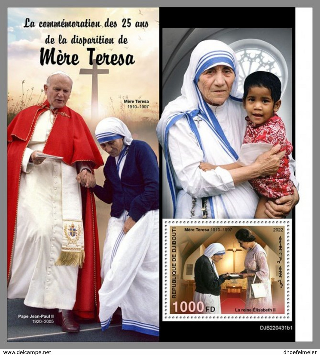 DJIBOUTI 2022 MNH Mother Teresa Pope John-Paul II. Queen Elizabeth II. S/S 1 - OFFICIAL ISSUE - DHQ2245 - Mère Teresa