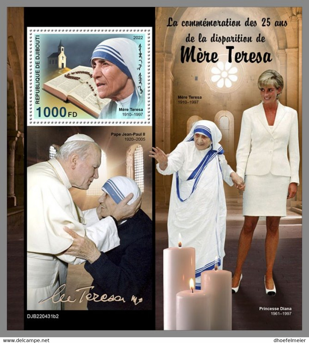 DJIBOUTI 2022 MNH Mother Teresa Pope John-Paul II. Princess Diana S/S 2 - IMPERFORATED - DHQ2245 - Madre Teresa