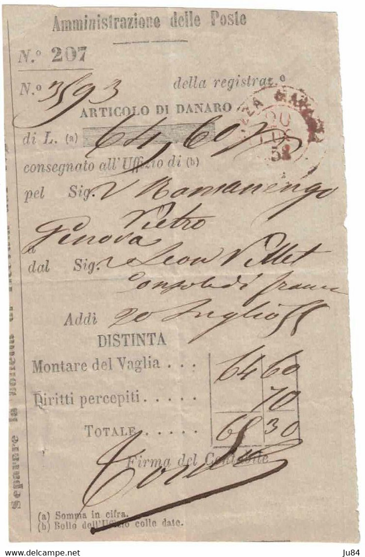 Italia - Italie - Genova - Gènes - Amministrazione Delle Poste - Reçu Postal - 20 Juillet 1852 ? - Non Classés