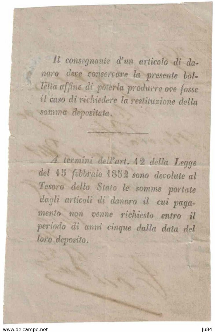 Italia - Italie - Genova - Gènes - Amministrazione Delle Poste - Reçu Postal - 20 Juillet 1852 ? - Non Classés