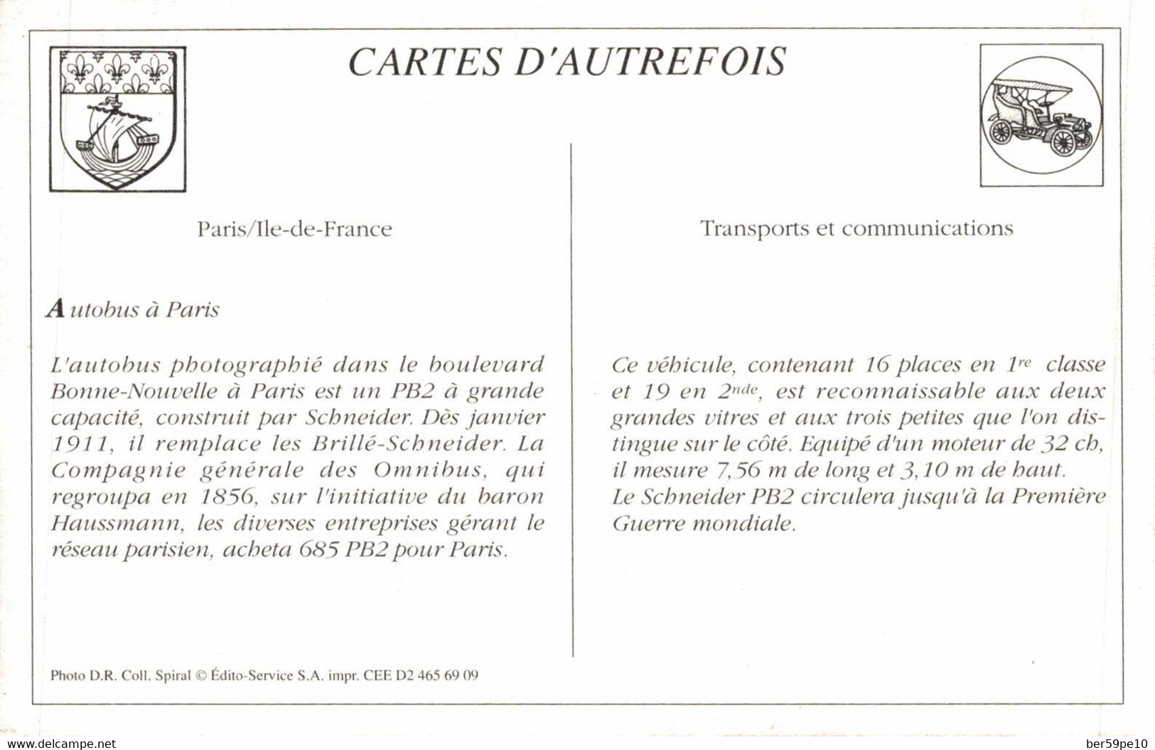 CARTE D'AUTREFOIS TRANSPORTS ET COMMUNICATIONS PARIS-ILE DE FRANCE AUTOBUS A PARIS - Ile-de-France