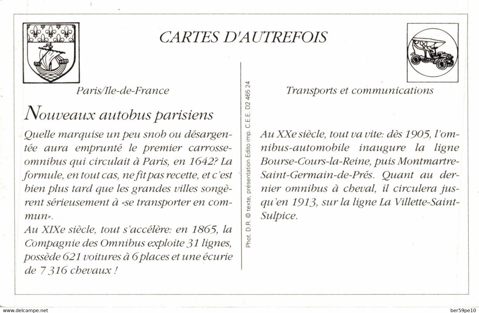 CARTE D'AUTREFOIS TRANSPORTS ET COMMUNICATIONS PARIS-ILE DE FRANCE NOUVEAUX AUTOBUS PARISIENS - Ile-de-France