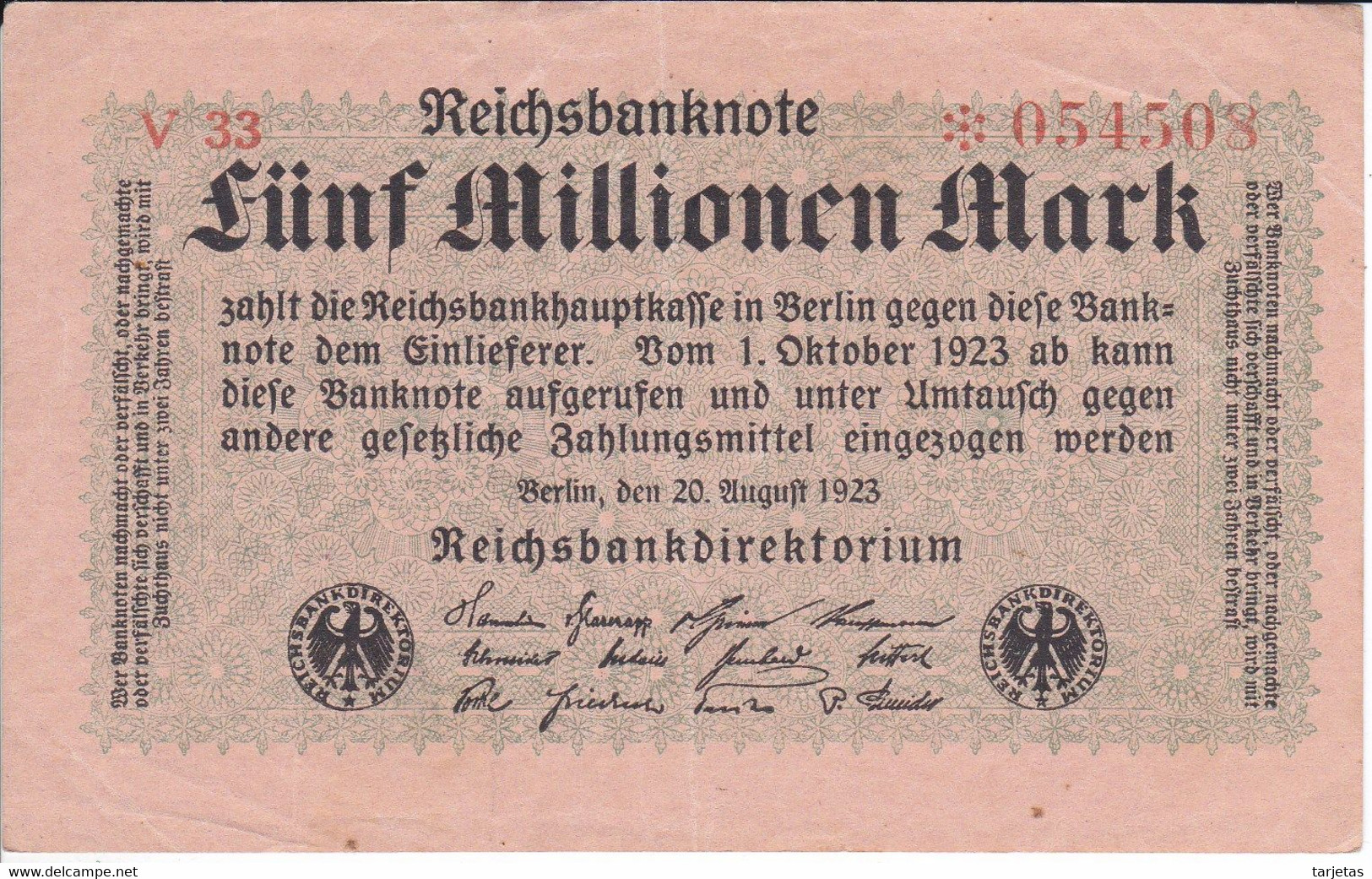 BILLETE DE ALEMANIA DE FUNF MILLIONEN MARK DEL AÑO 1923 CALIDAD EBC (XF) (BANKNOTE) - 5 Millionen Mark