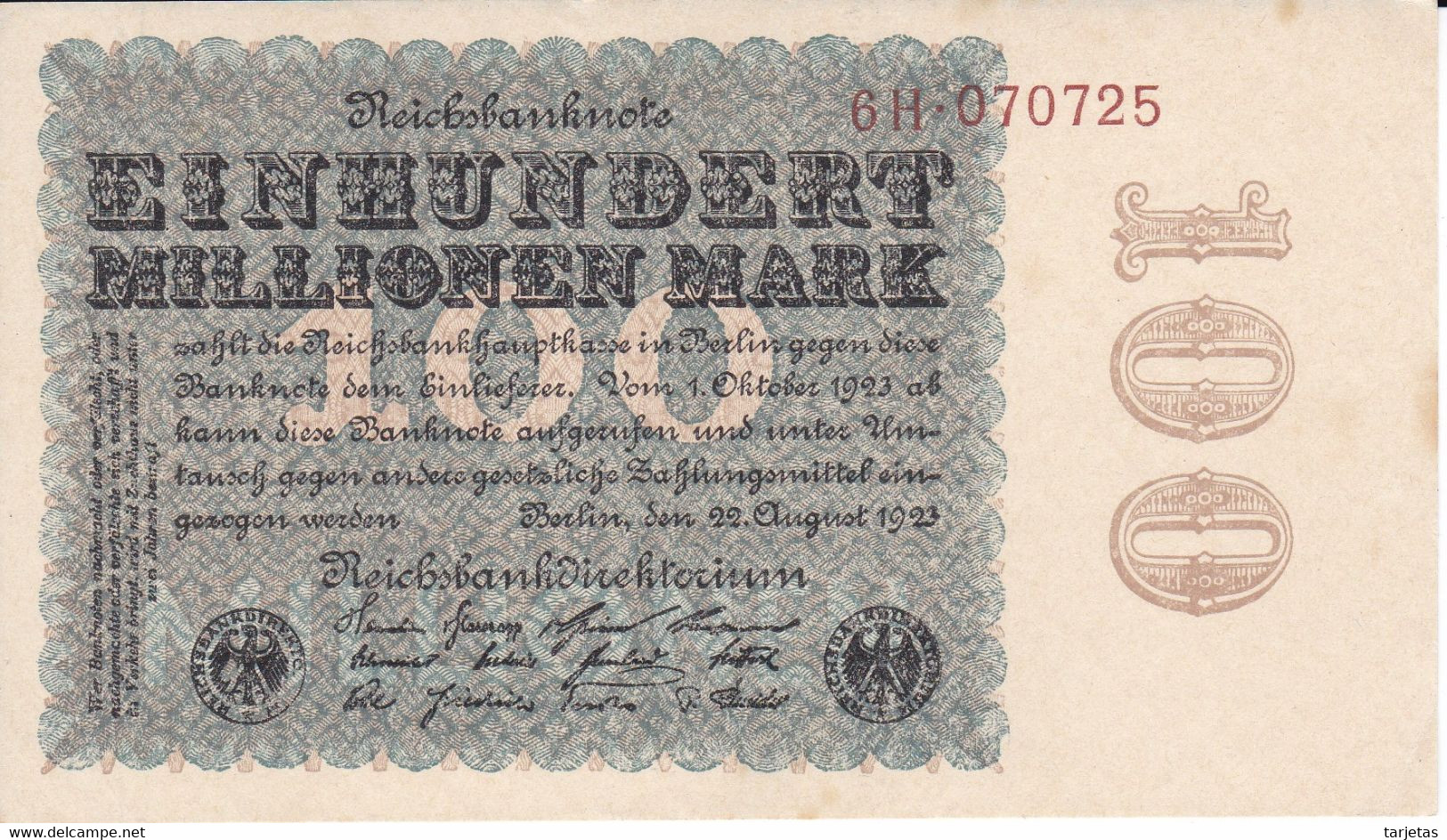 BILLETE DE ALEMANIA DE EINHUNDERT MILLIONEN MARK DEL AÑO 1923 SIN CIRCULAR (UNC) (BANKNOTE) - 100 Mio. Mark