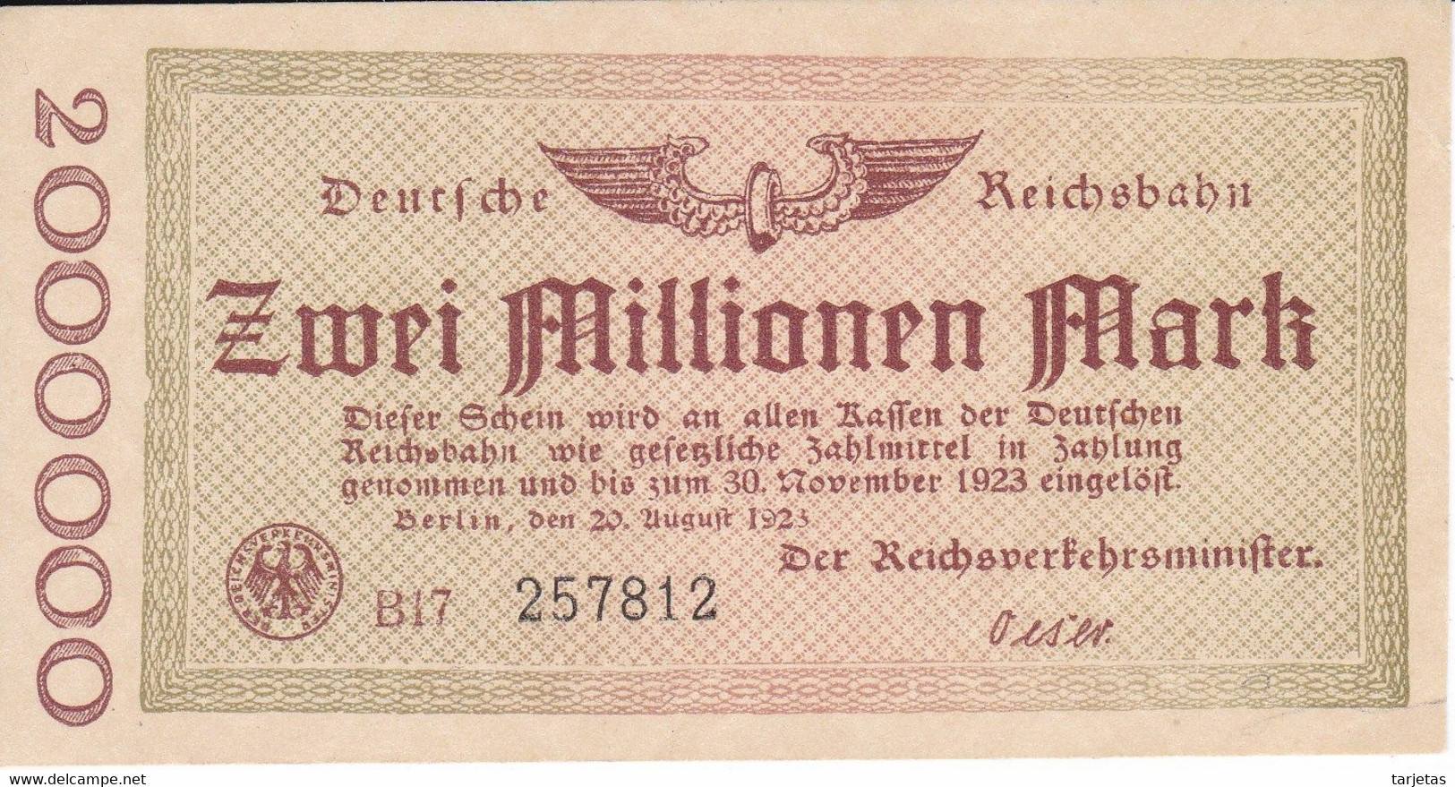 BILLETE DE ALEMANIA DE ZWEI MILLIONEN MARK DEL AÑO 1923 SIN CIRCULAR (UNC) (BANKNOTE) - 2 Mio. Mark