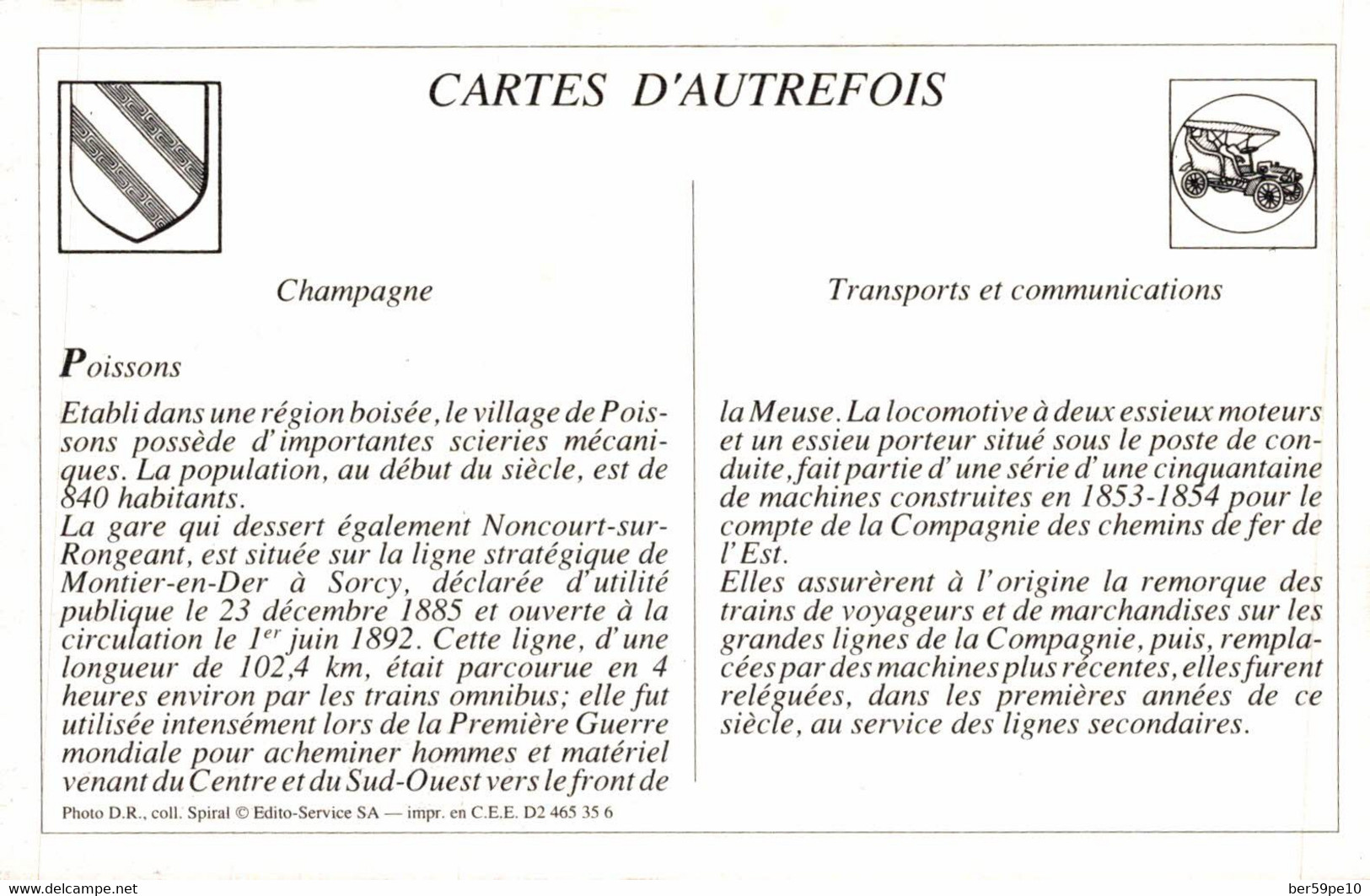 CARTE D'AUTREFOIS TRANSPORTS ET COMMUNICATIONS CHAMPAGNE POISSONS - Champagne - Ardenne