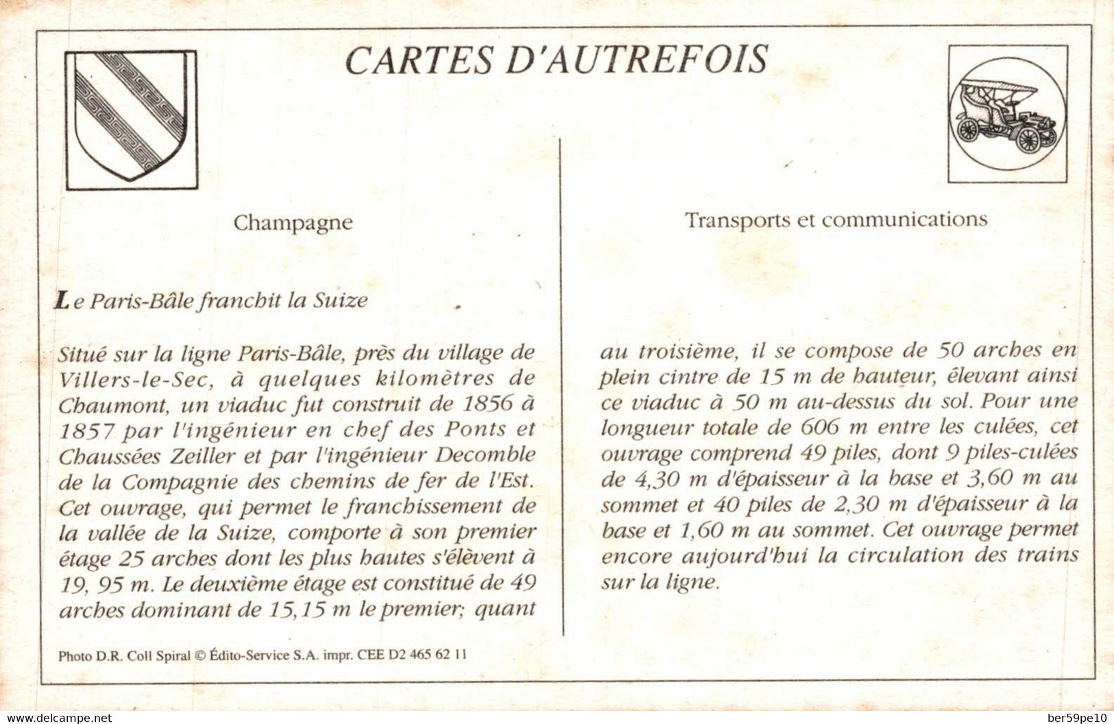 CARTE D'AUTREFOIS TRANSPORTS ET COMMUNICATIONS CHAMPAGNE LE PARIS -BALE FRANCHIT LA SUIZE - Champagne-Ardenne