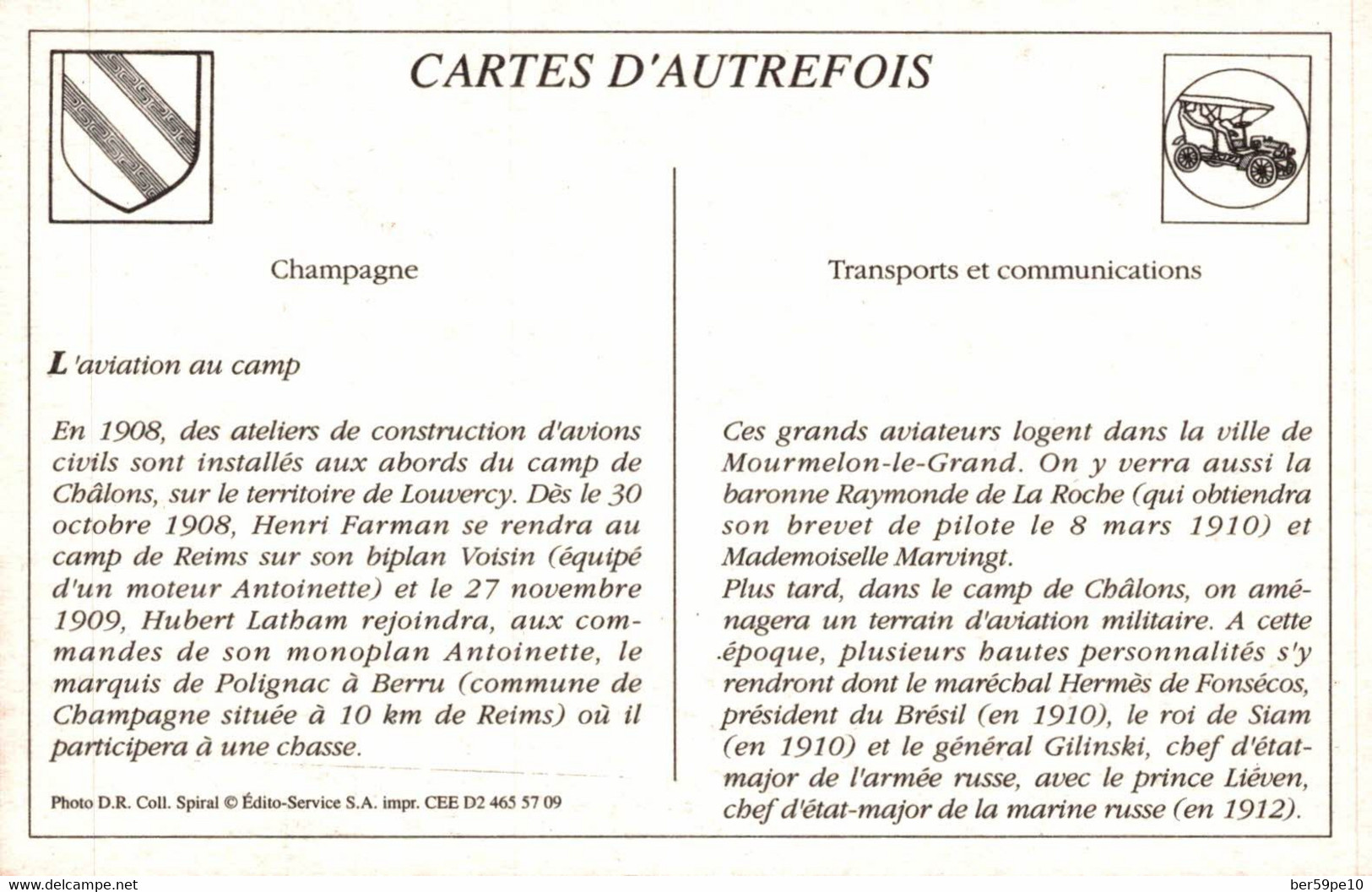 CARTE D'AUTREFOIS TRANSPORTS ET COMMUNICATIONS CHAMPAGNE L'AVIATION AU CAMP - Champagne-Ardenne