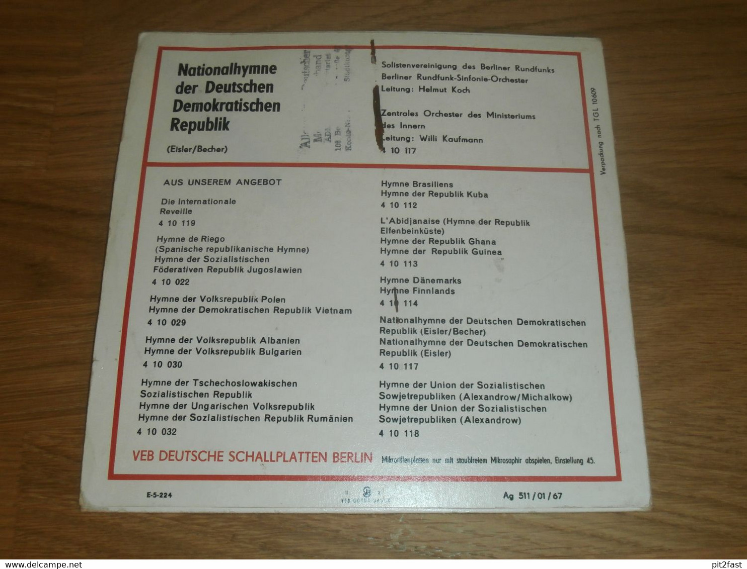 ADMV Generalsekretariat Berlin - Nationalhymne Der DDR In 2 Fassungen 1967  , Vinyl , Eterna - Collezioni