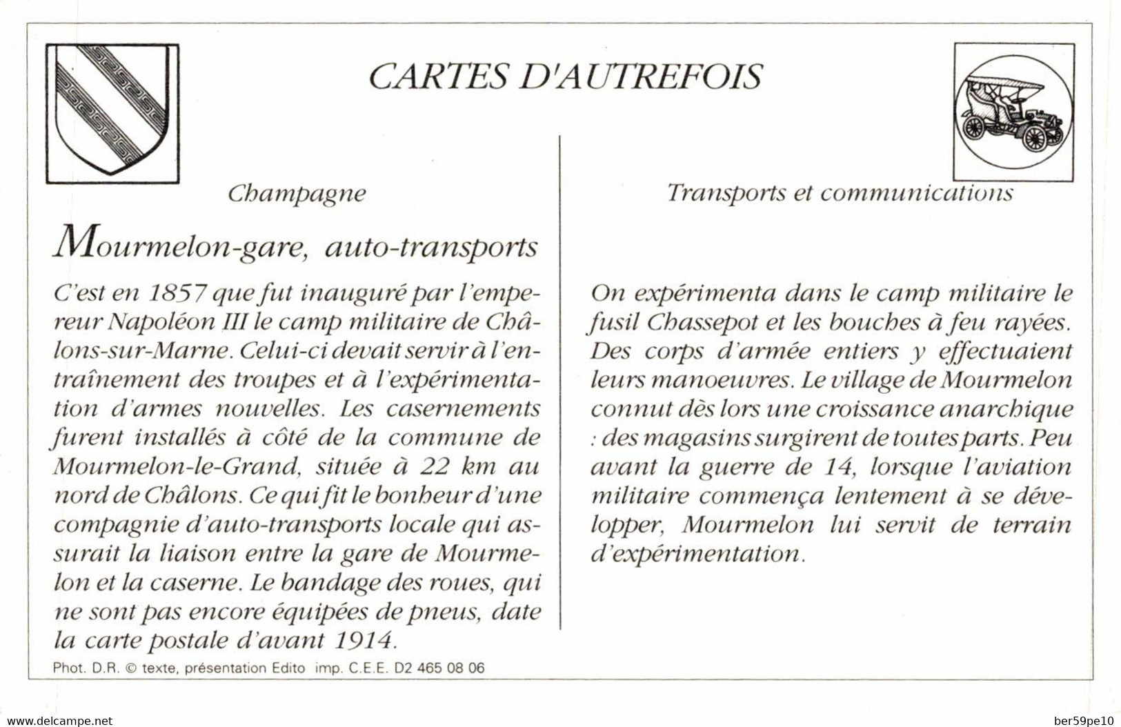 CARTE D'AUTREFOIS TRANSPORTS ET COMMUNICATIONS CHAMPAGNE MOURMELON-GARE AUTO-TRANSPORTS - Champagne - Ardenne