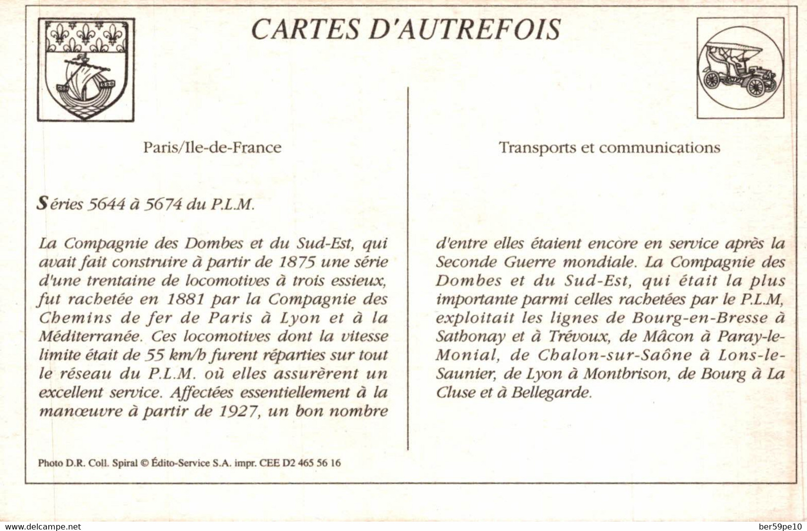 CARTE D'AUTREFOIS TRANSPORTS ET COMMUNICATIONS PARIS-ILE DE FRANCE SERIE 5644 A 5674 DU P.L.M. - Ile-de-France