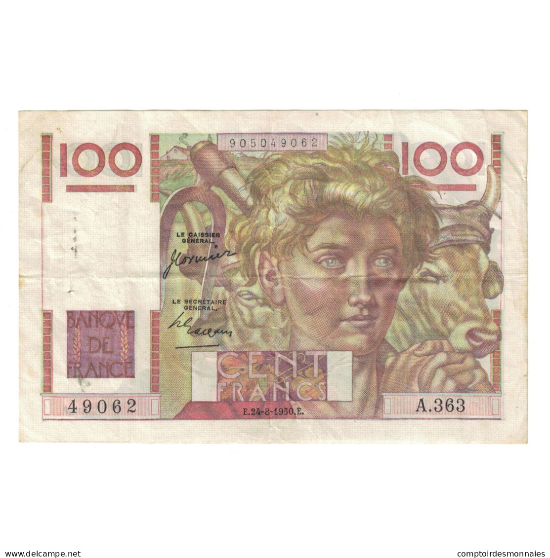 France, 100 Francs, Jeune Paysan, 1950, A.363 49062, TTB, Fayette:28.26, KM:128c - 100 F 1945-1954 ''Jeune Paysan''