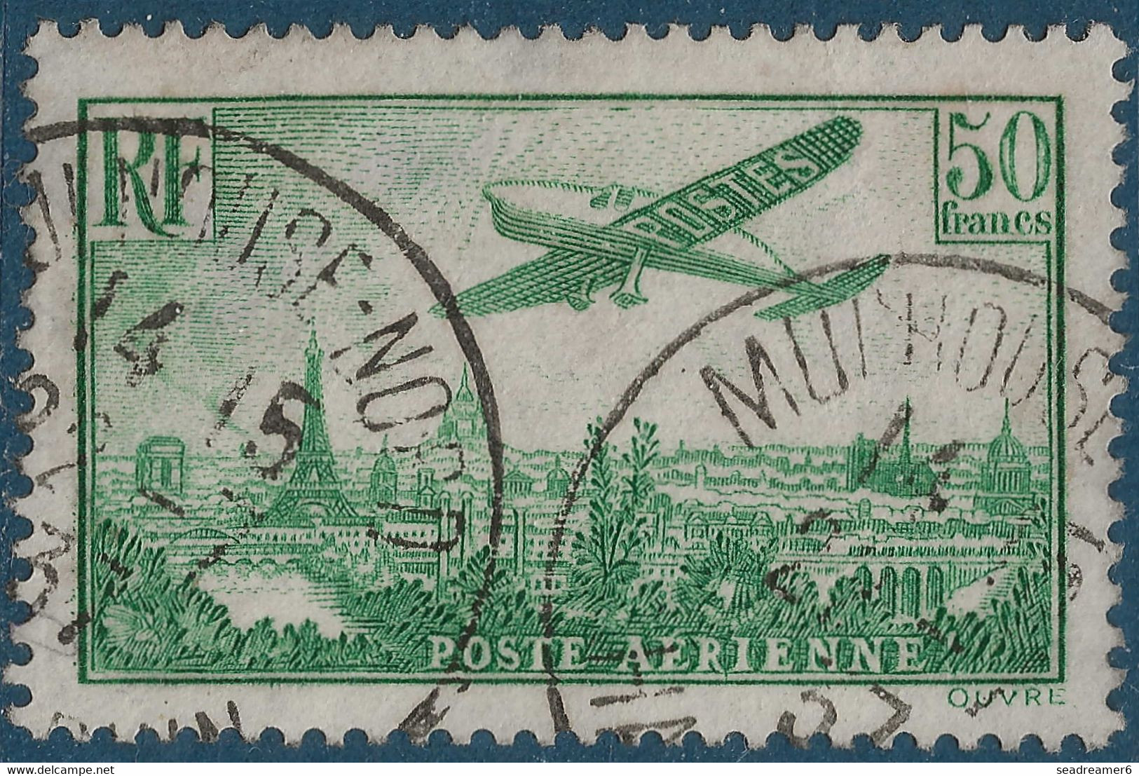 FRANCE Poste Aérienne N°14a 50 FR Vert Oblitéré Tres Frais Signé Calves - 1927-1959 Oblitérés